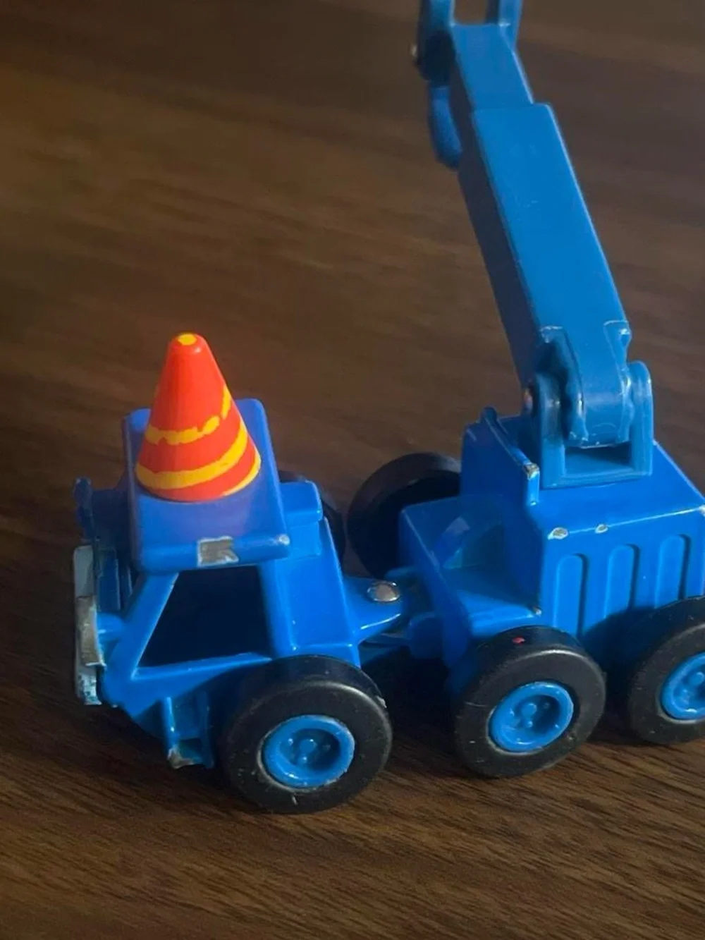 Blue Toy Crane Truck with Orange Safety Cone - Kids Vehicles